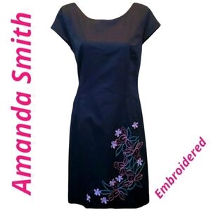 Amanda Smith Navy Embroidered Fitted Dress 12 EUC